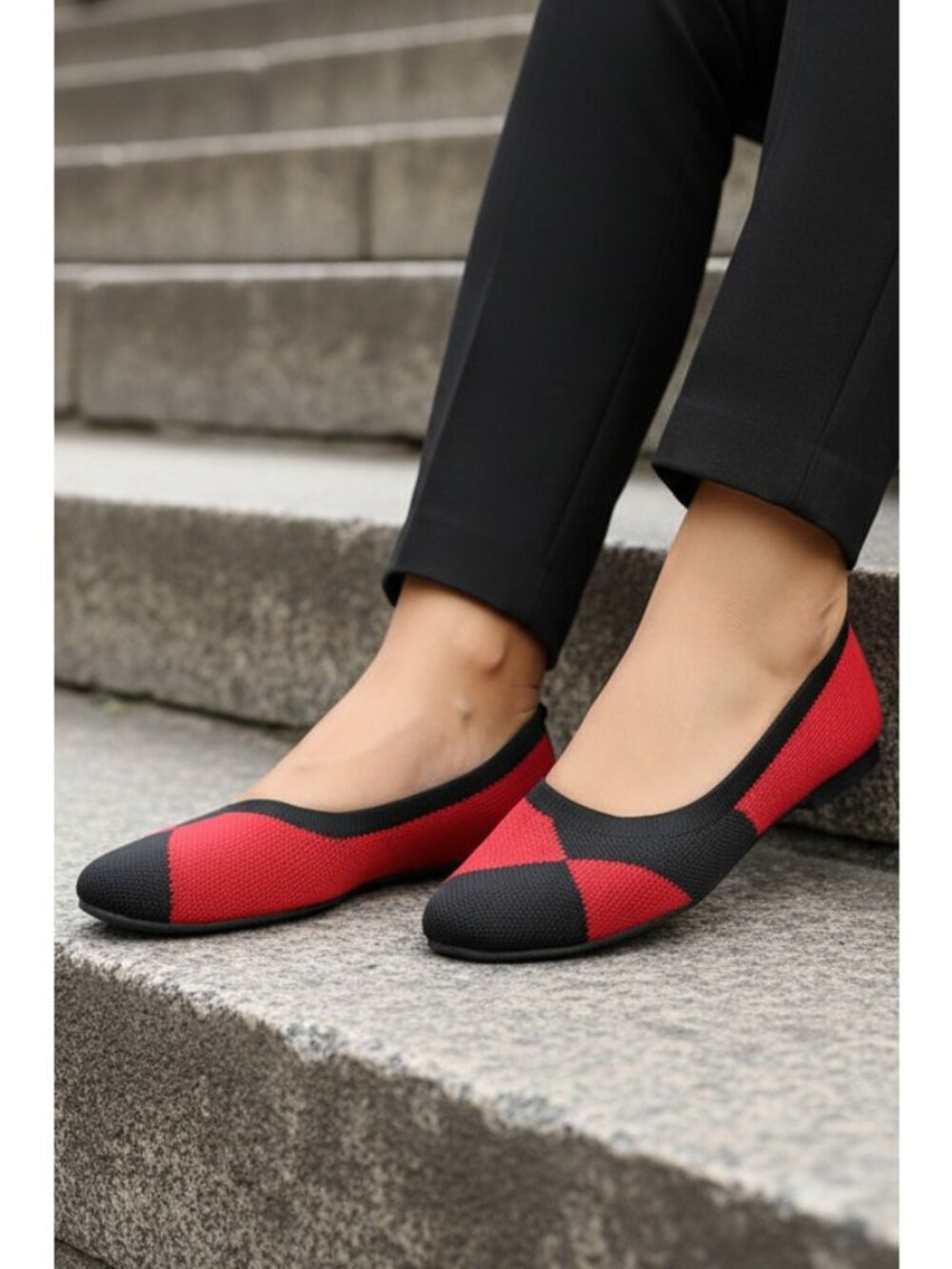 Two-Tone Geometric Knit Square Toe Ballet Flats Slip-On Shoes Contrasting Artsy